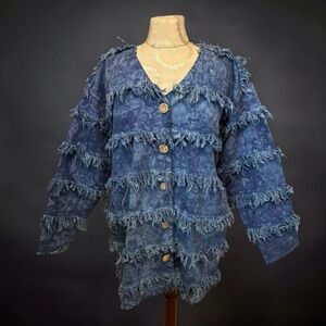 VTG Blue Cactus Made in USA Fringe Denim Jacket Size M